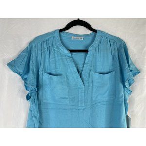89th Madison‎ Flutter Short Sleeve Blouse Top Women Plus Size 1X Blue V-neck New